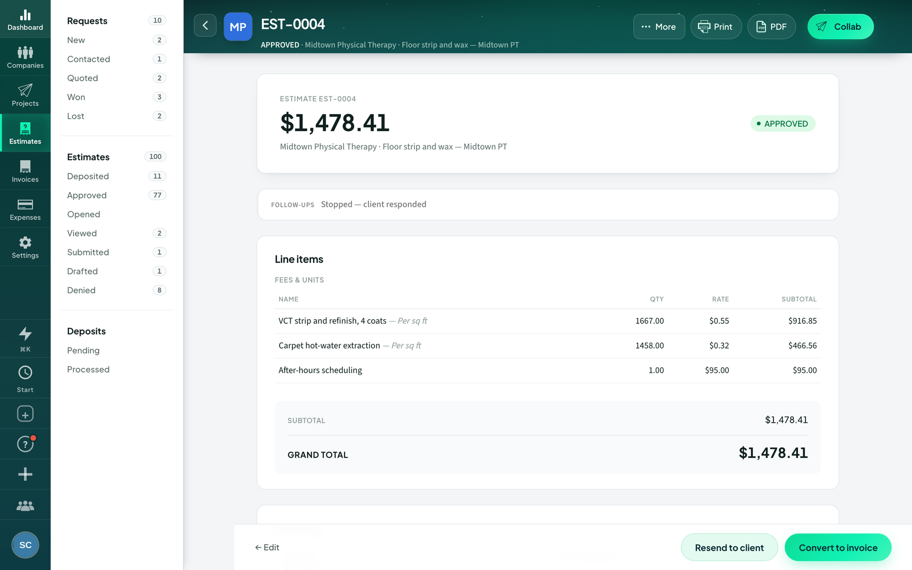 Sparkle & Co. Cleaning demo: An estimate, inside the workspace