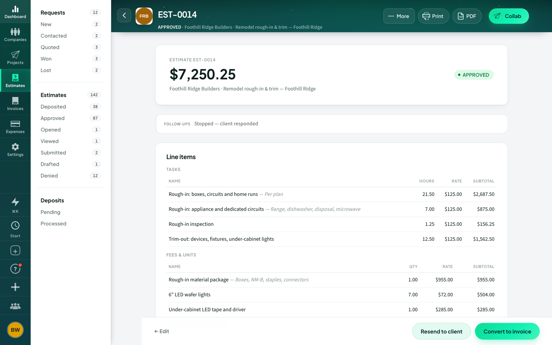 Brightwire Electric demo: An estimate, inside the workspace