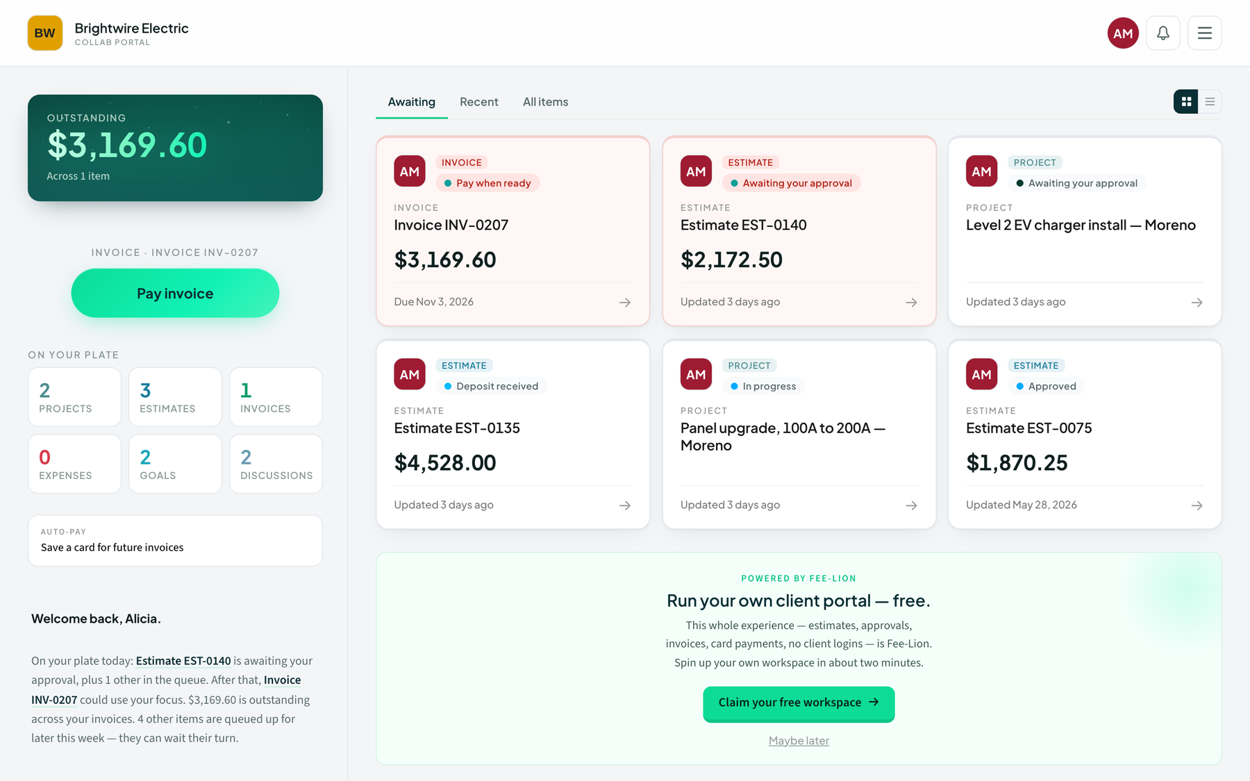 Brightwire Electric demo: What your client sees