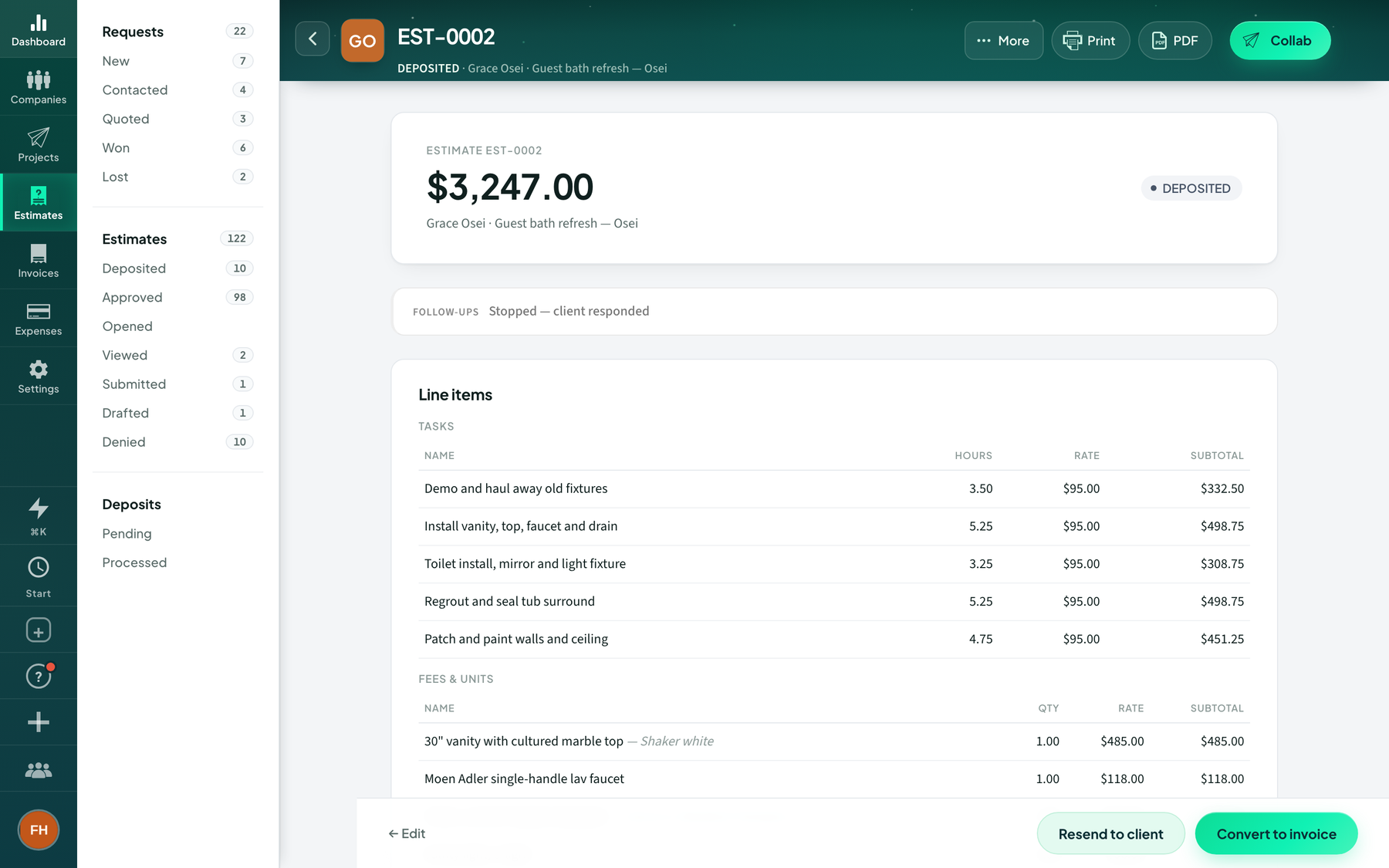 Fixwell Handyman Co. demo: An invoice, inside the workspace