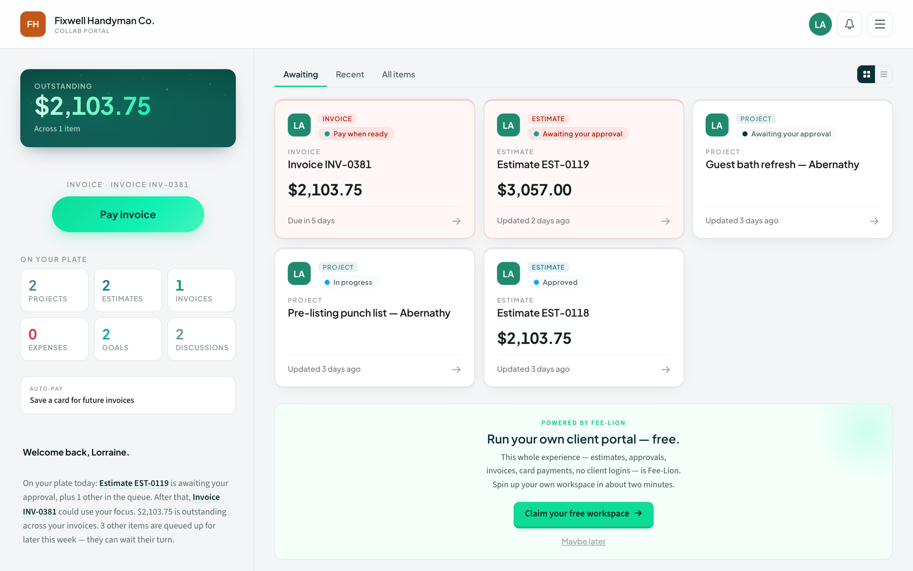 Fixwell Handyman Co. demo: What your client sees