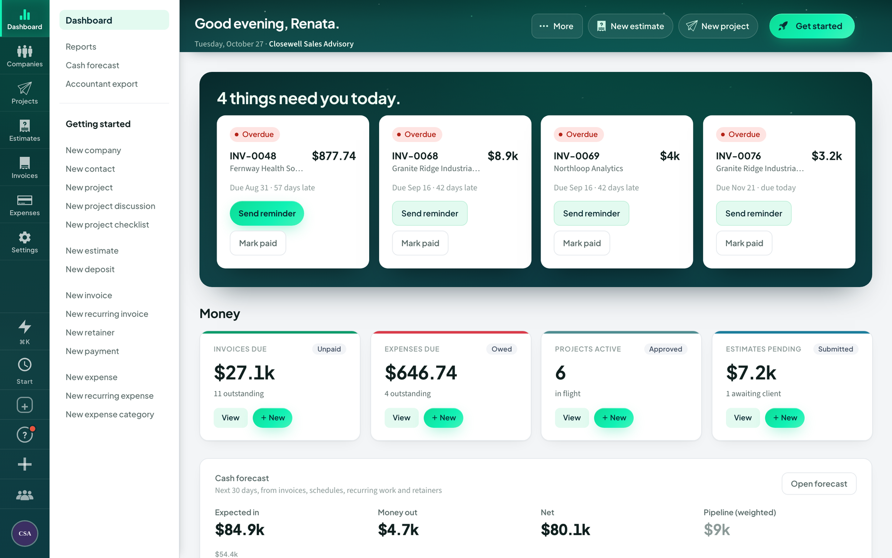 Closewell Sales Advisory demo: The owner’s dashboard