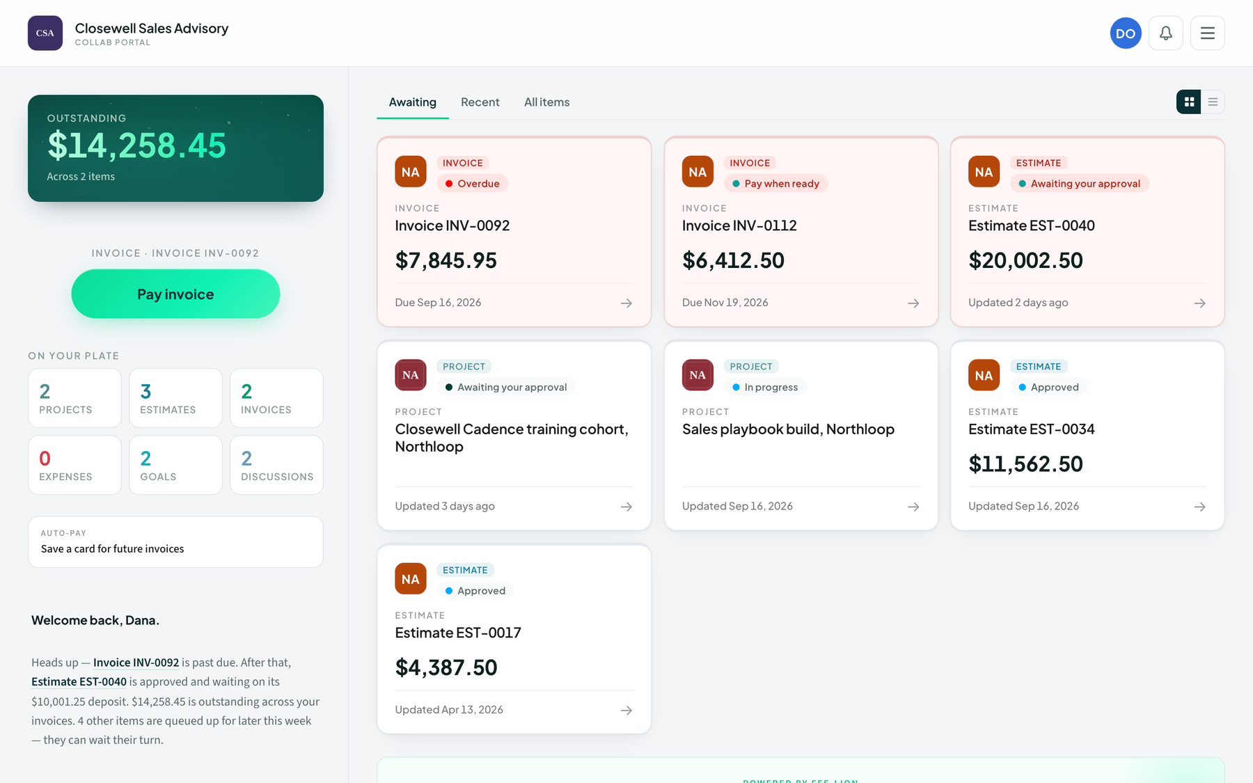 Closewell Sales Advisory demo: What your client sees