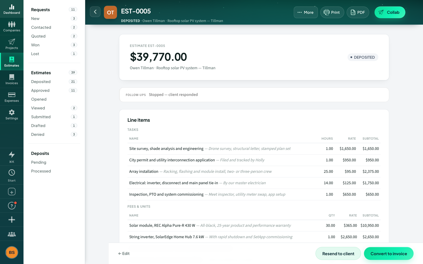 Brightside Solar demo: An estimate, inside the workspace
