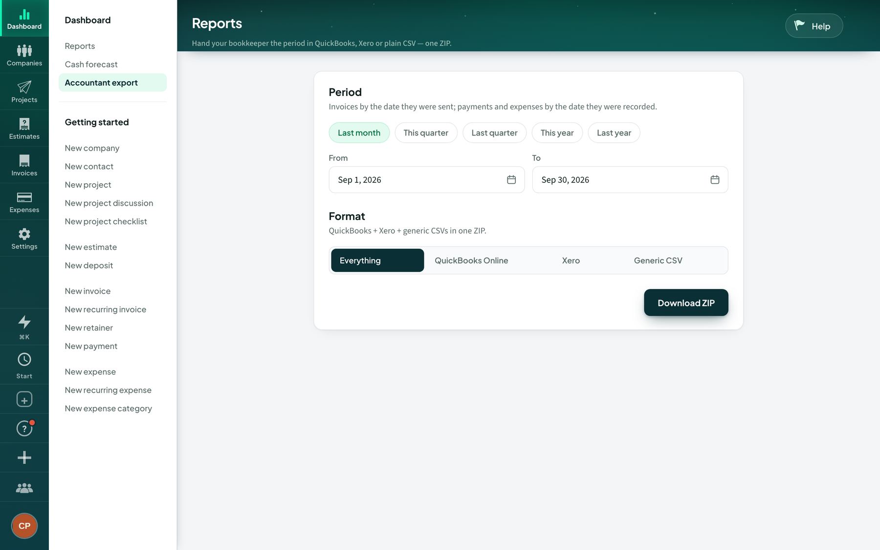 Invite your accountant for free, and hand over the books in one ZIP.