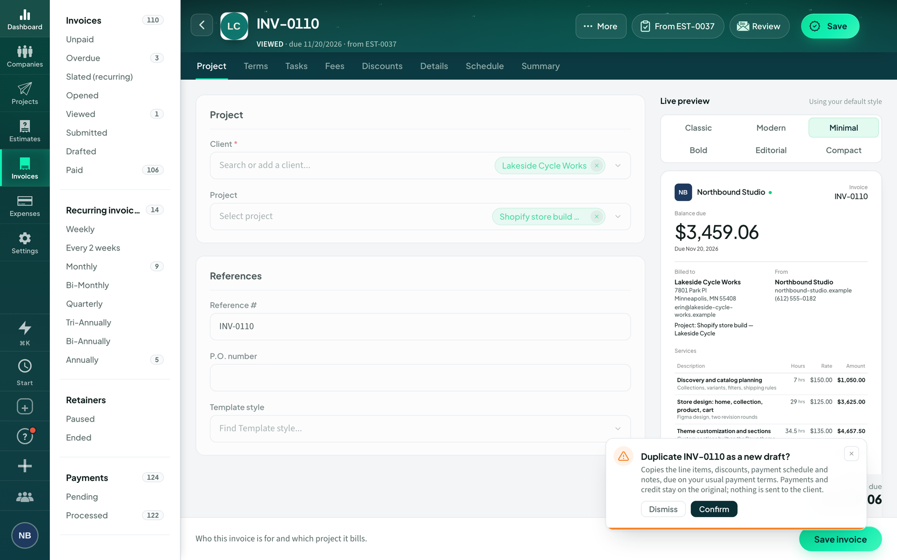 An invoice in Fee-Lion with the confirmation to duplicate it as a new draft, explaining what is copied.