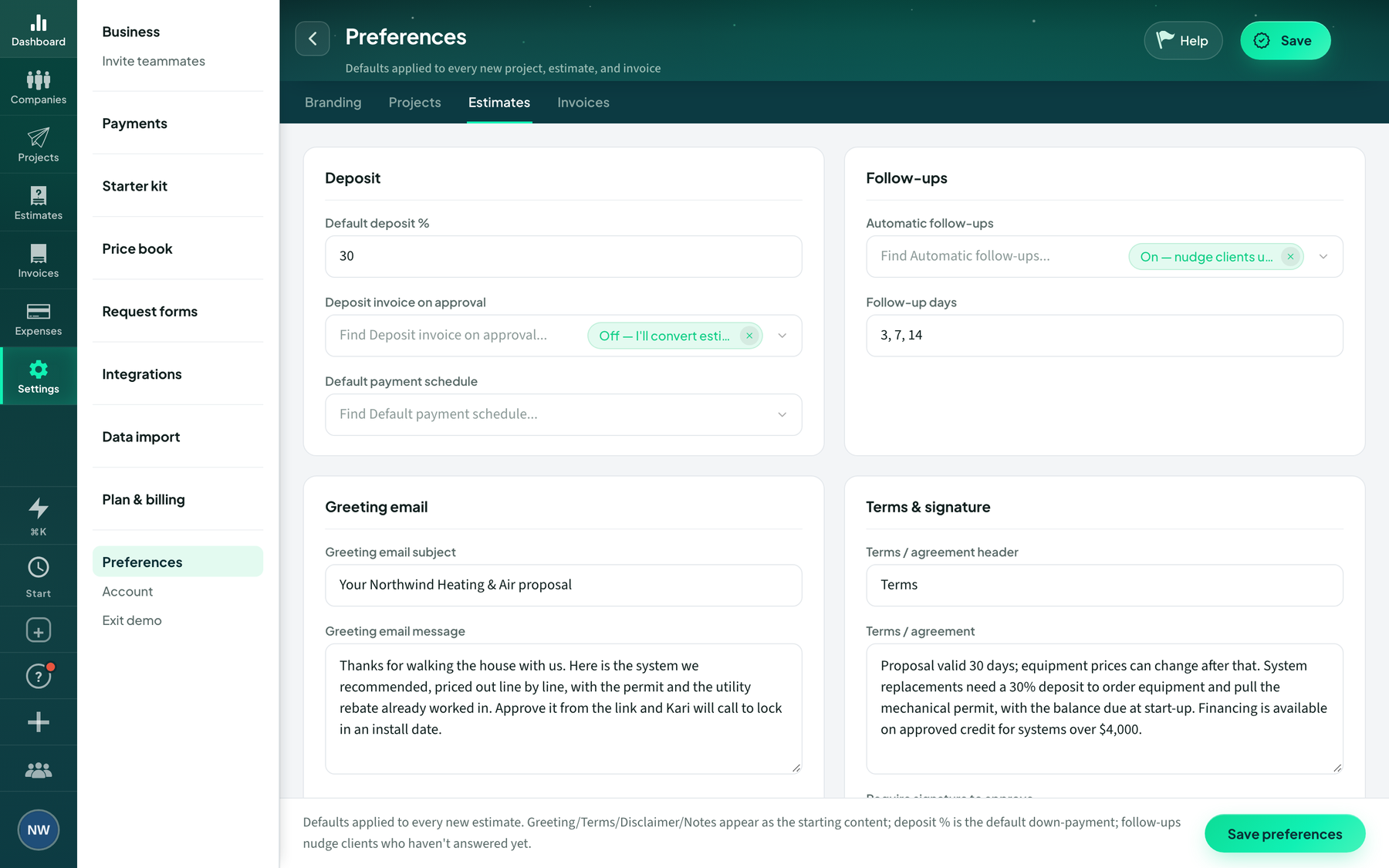 Estimate preferences in Fee-Lion with automatic follow-ups switched on for days 3, 7 and 14.