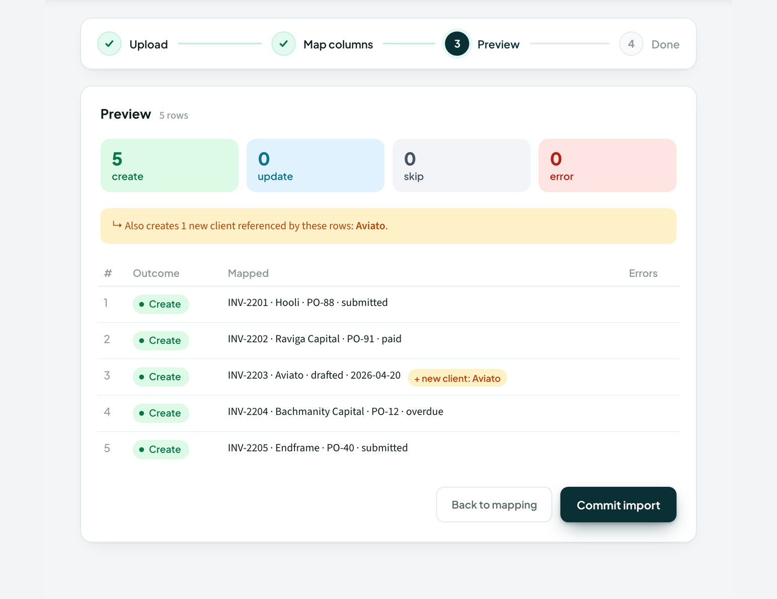 Fee-Lion data import screen for bringing clients and invoices over from another app