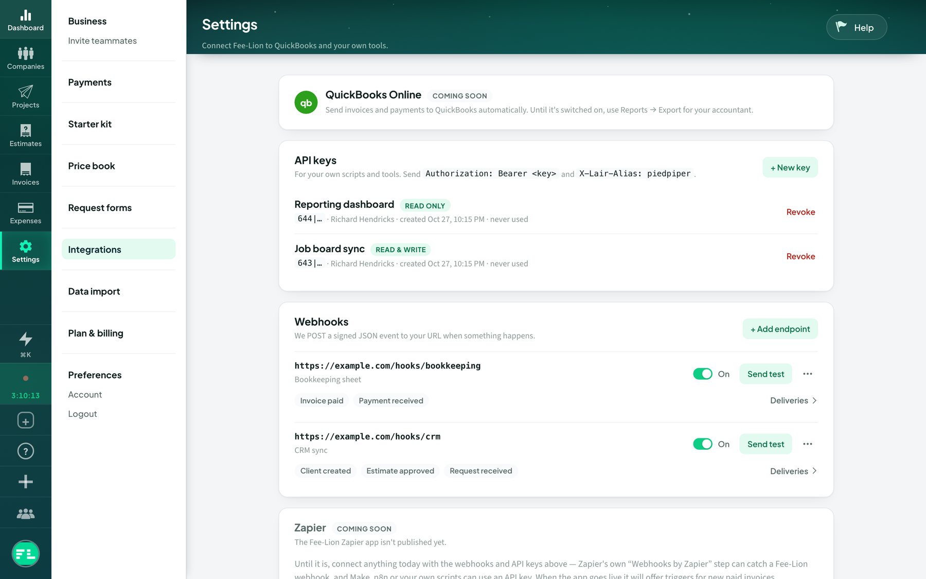 Send Fee-Lion's events to your own tools, signed and retried.