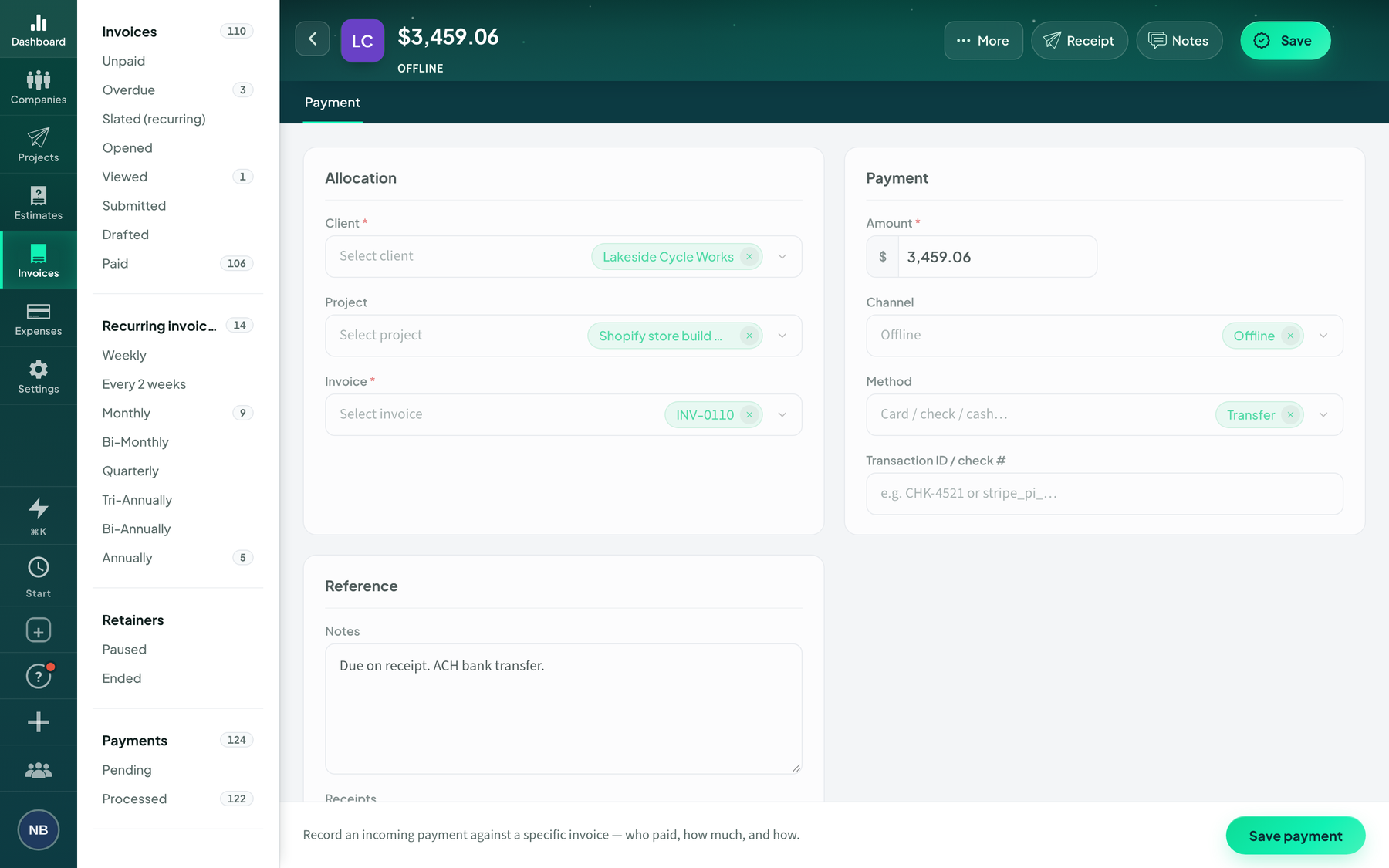 A recorded payment in Fee-Lion with the Receipt button for sending or resending the client's receipt.