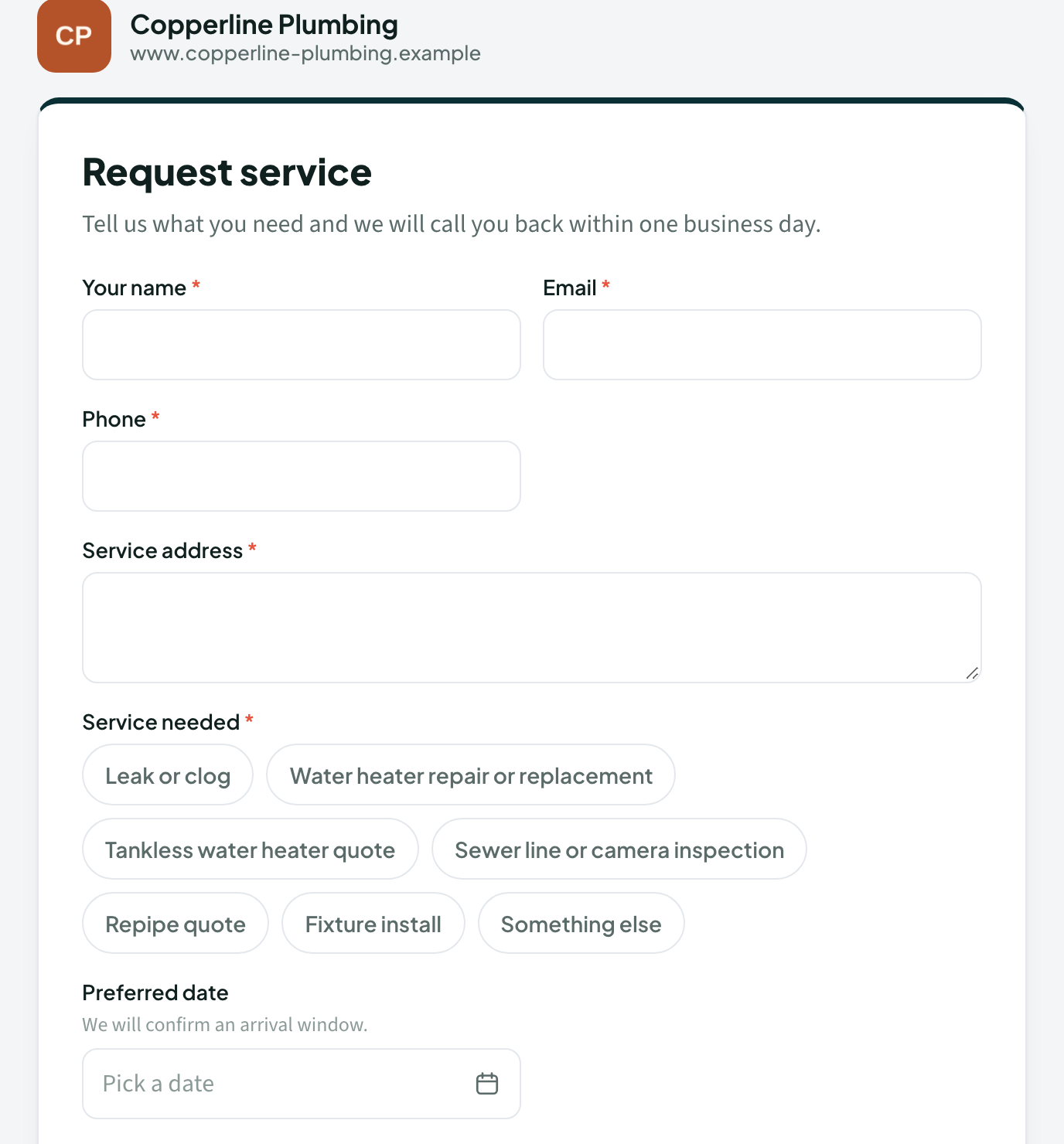 A form that looks like your business