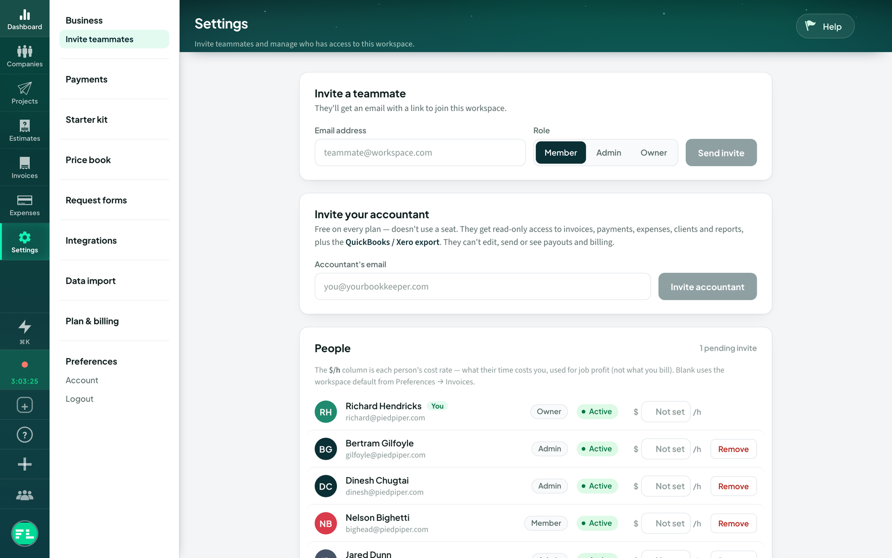The team settings page with Remove on each teammate and Resend and Cancel on a pending invitation.